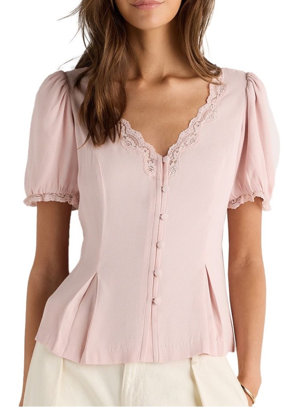 Quince Lightweight Crepe Lace Puff Sleeve Blouse Delicate Lace-Trim